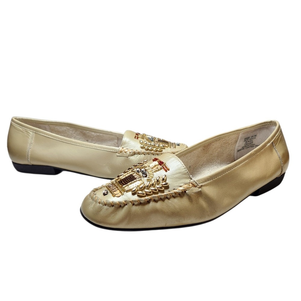 Vintage 80s Regency‎ Gold Leather Beaded Crest Loafers Flats Moccasin Granny 10